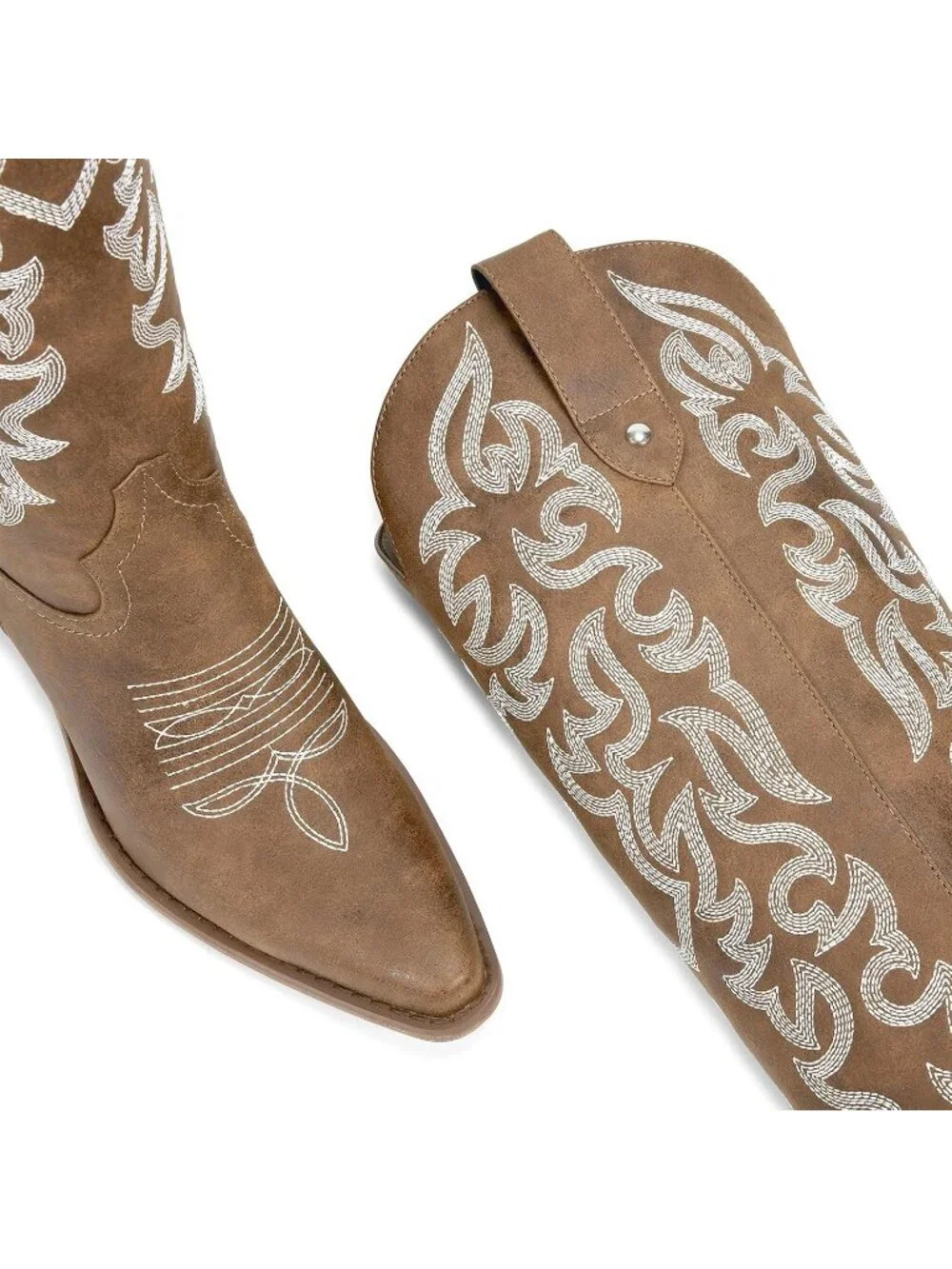 Women's Brown Knee High Cowboy Boots Chunky Heel Leather Chunky Heel Pull